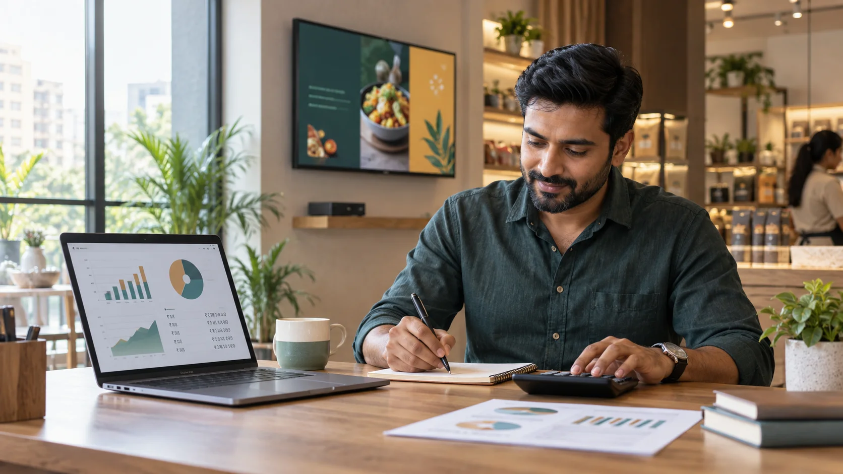 An Indian business owner budgeting a digital signage rollout