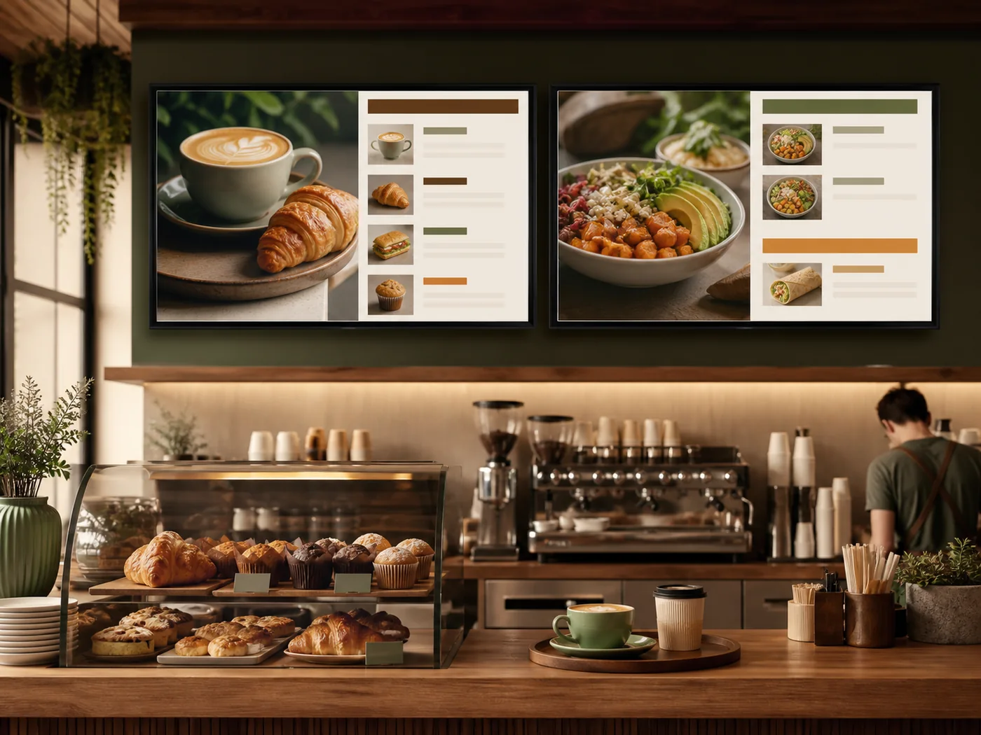 Digital menu boards in a contemporary cafe