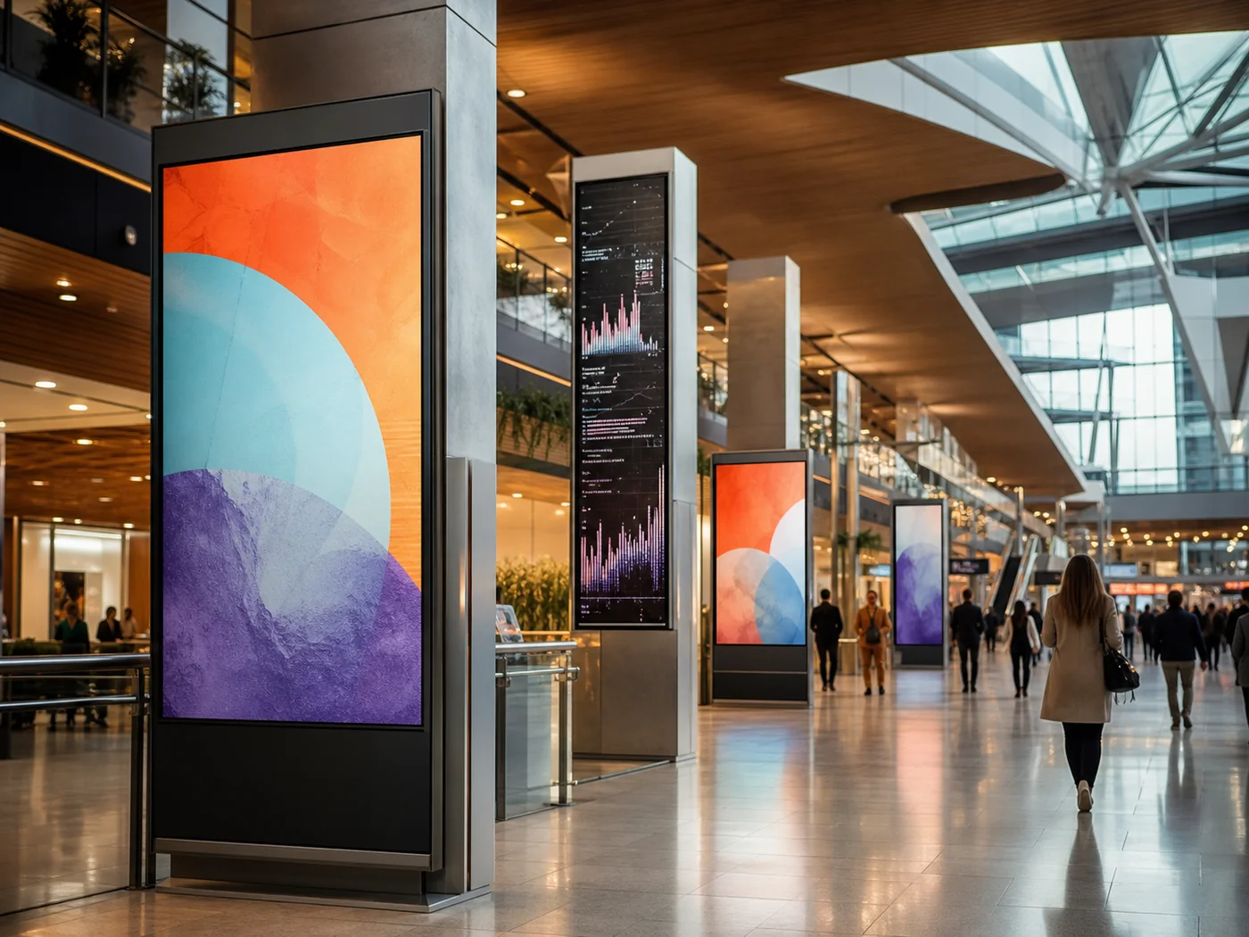 Digital signage displays in a modern public concourse