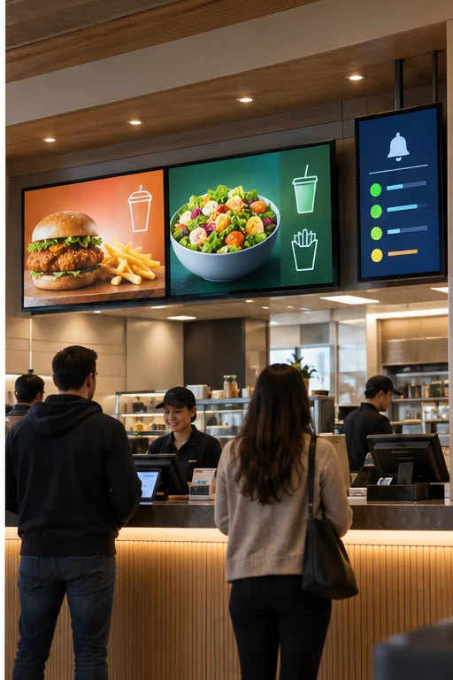 Three menu screens above a quick-service restaurant counter, each driven by its own player