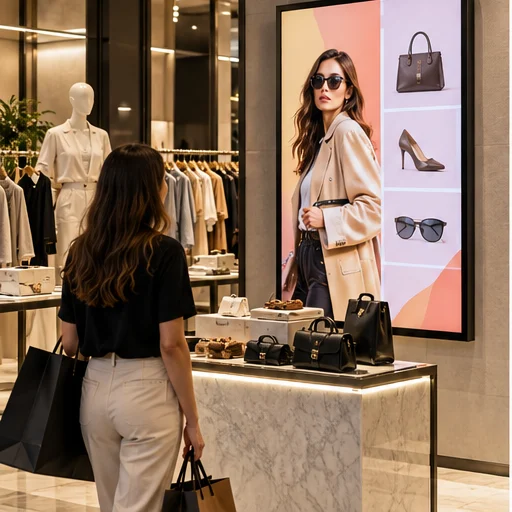 A portrait display showing fashion signage beside a boutique counter while a shopper looks at it