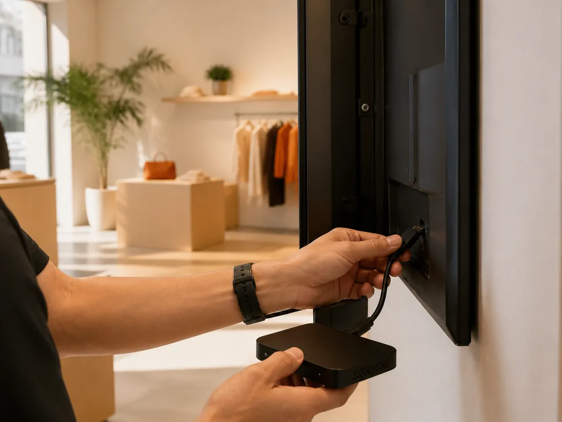 A media player being connected to the back of a digital display