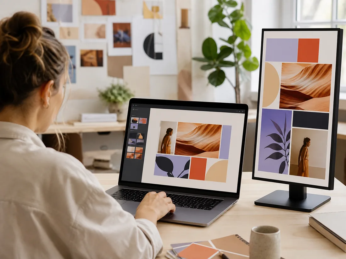 A designer creating signage content on a laptop and portrait display
