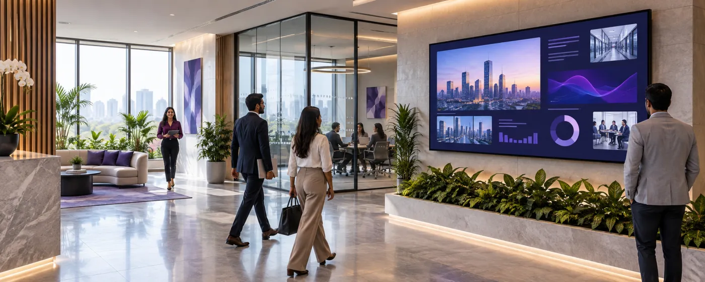 A large wall display showing dashboards in an office lobby as staff walk past
