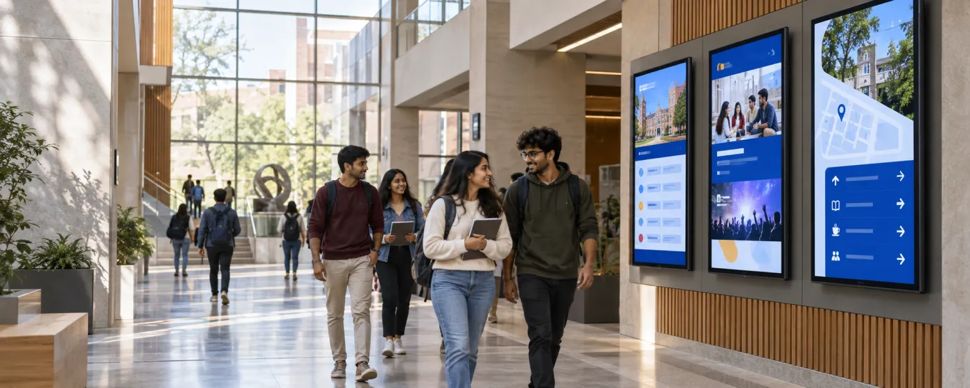 Digital signage screen in a school corridor showing timetables and campus notices