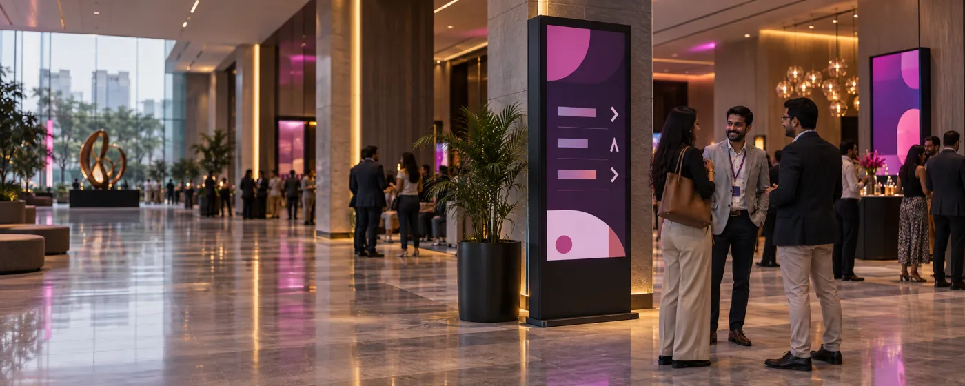 Event digital signage screen showing a conference agenda beside a session room