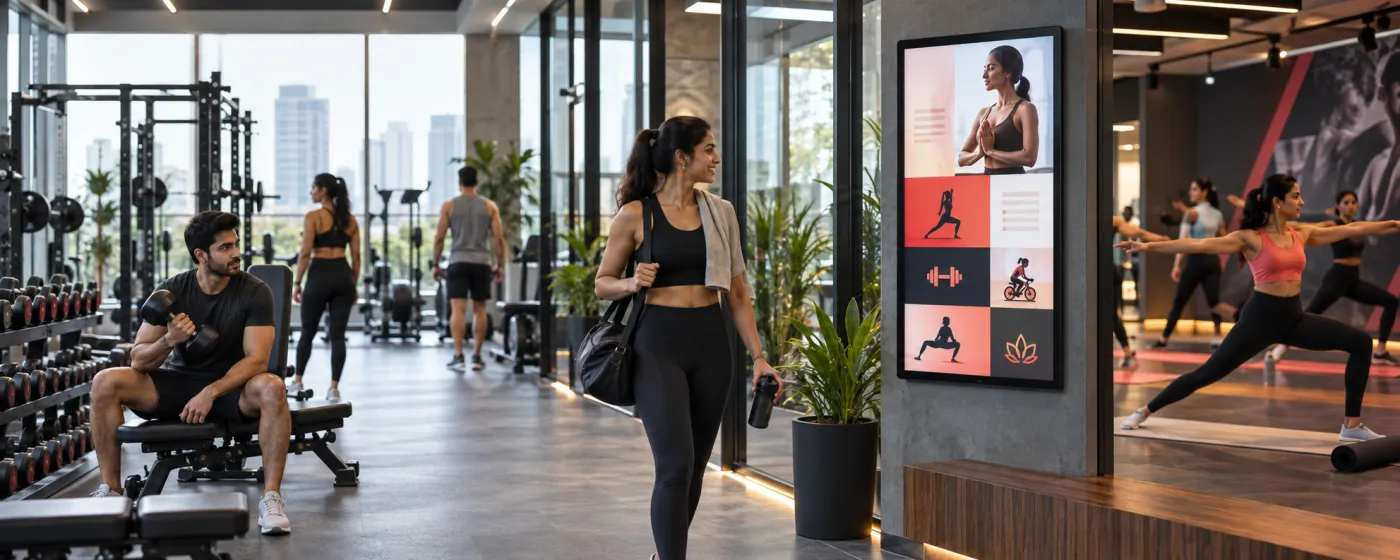 Gym digital signage screen showing a class timetable on the fitness floor