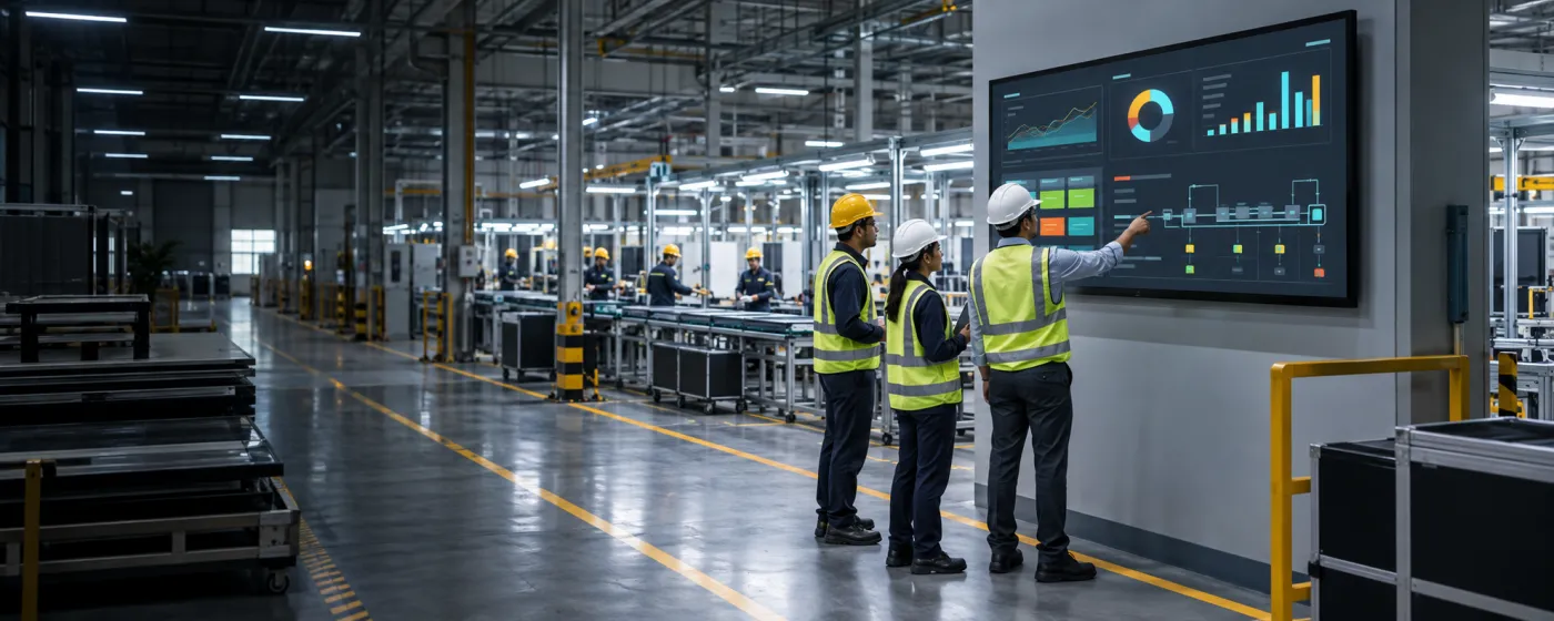 Manufacturing digital signage screen on a factory floor showing production metrics